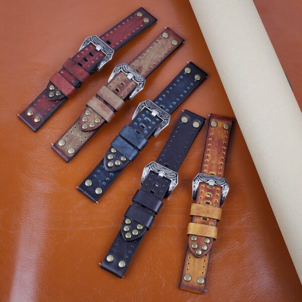 18mm 20mm 22mm 24mm Vintage Genuine Leather Watchbands Rivet Leather Watch Strap Replacement Carving Strap Watches 2