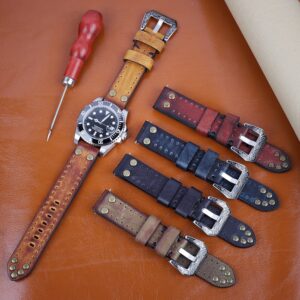 18mm 20mm 22mm 24mm Vintage Genuine Leather Watchbands Rivet Leather Watch Strap Replacement Carving Strap Watches 3