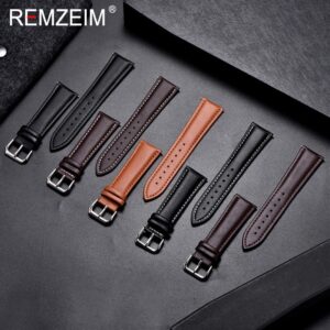 REMZEIM Calfskin Leather Watchband Soft Material Watch Band Wrist Strap 18mm 20mm 22mm 24mm With Silver 2